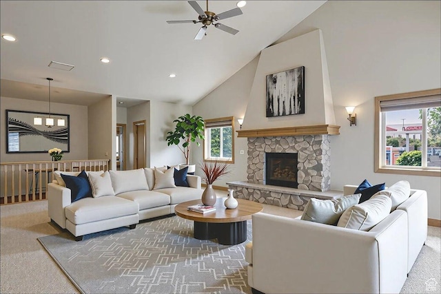 5588 S Farm Hill Dr, Salt Lake City, UT 84117 - carpeted living area featuring high vaulted ceiling, recessed lighting, a ceiling fan, and a fireplace