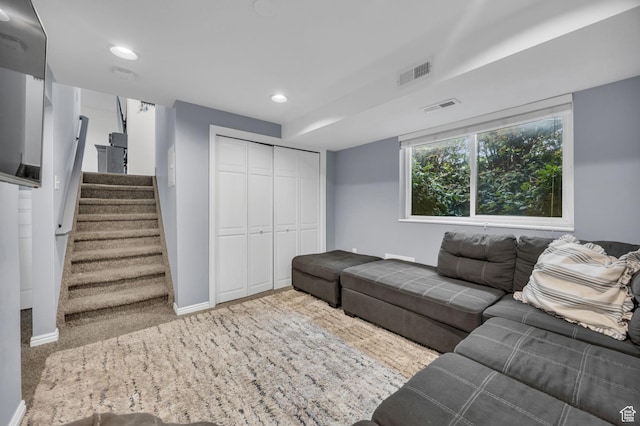 5548 S 3850 W, Roy, UT 84067 - carpeted living room featuring recessed lighting and stairway