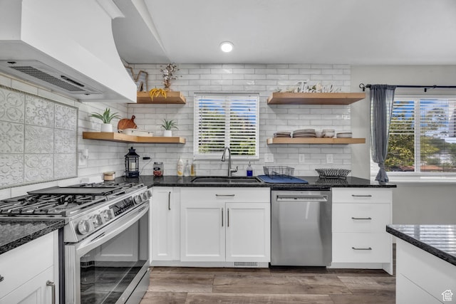5548 S 3850 W, Roy, UT 84067 - kitchen with appliances with stainless steel finishes, custom range hood, open shelves, healthy amount of natural light, and recessed lighting
