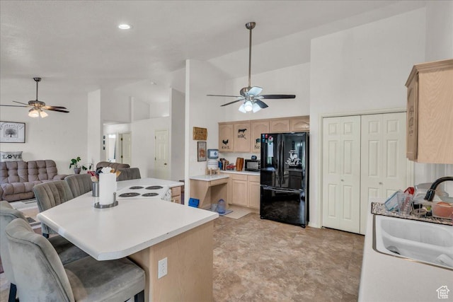331 W 1910 S, Hurricane, UT 84737 - kitchen with freestanding refrigerator, a ceiling fan, light brown cabinetry, open floor plan, and recessed lighting