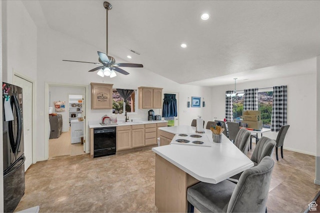 331 W 1910 S, Hurricane, UT 84737 - kitchen with black appliances, light brown cabinets, a kitchen island, light countertops, and ceiling fan