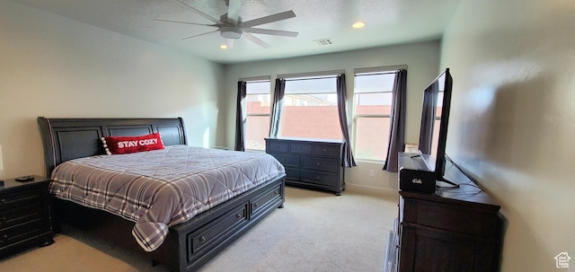 3040 E Lavatera Dr S, St George, UT 84790 - bedroom featuring light colored carpet, ceiling fan, and recessed lighting