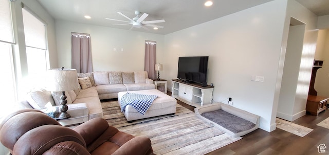 3040 E Lavatera Dr S, St George, UT 84790 - living area featuring wood finished floors, ceiling fan, and recessed lighting