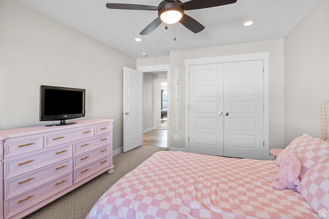4982 N Goosefoot Dr Unit 51, Eagle Mountain, UT 84005 - bedroom featuring carpet floors, a closet, recessed lighting, and a ceiling fan