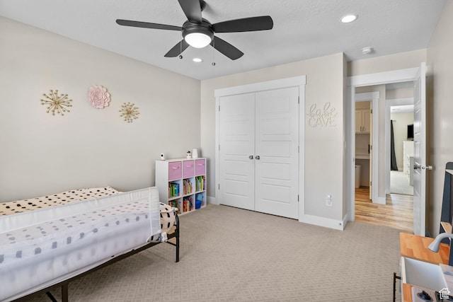 4982 N Goosefoot Dr Unit 51, Eagle Mountain, UT 84005 - bedroom featuring a closet, carpet flooring, recessed lighting, and ceiling fan