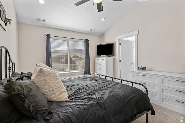 4982 N Goosefoot Dr Unit 51, Eagle Mountain, UT 84005 - bedroom featuring lofted ceiling, carpet flooring, ceiling fan, recessed lighting, and a textured ceiling