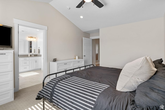 4982 N Goosefoot Dr Unit 51, Eagle Mountain, UT 84005 - bedroom featuring vaulted ceiling, ensuite bathroom, a ceiling fan, and recessed lighting