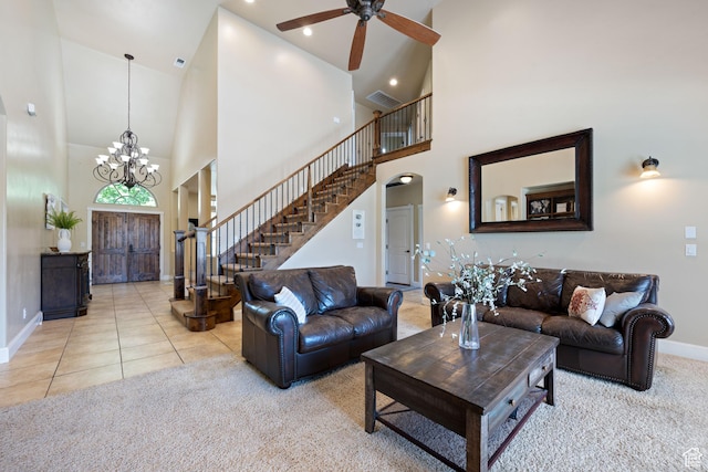 358 S 1040 W, Hurricane, UT 84737 - living room with high vaulted ceiling, stairs, a ceiling fan, carpet floors, and a chandelier