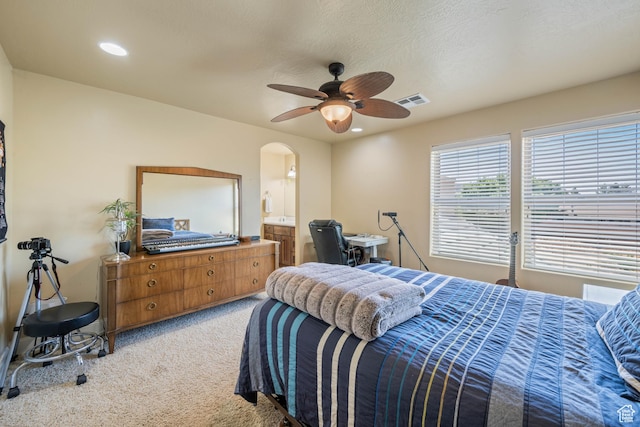 358 S 1040 W, Hurricane, UT 84737 - bedroom with light colored carpet, arched walkways, recessed lighting, a ceiling fan, and ensuite bathroom