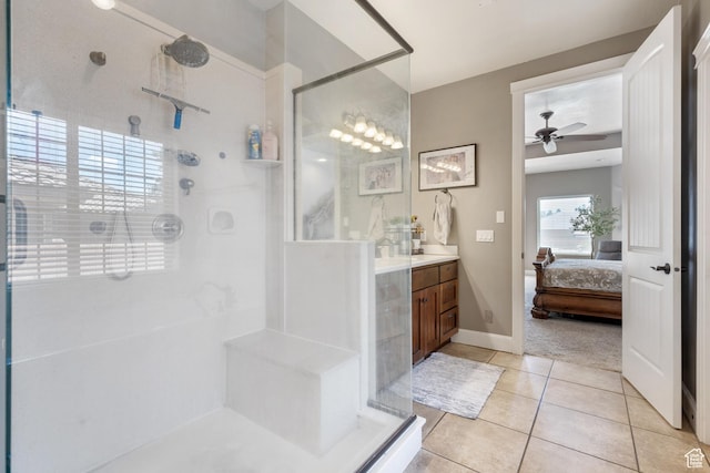 358 S 1040 W, Hurricane, UT 84737 - full bathroom featuring a shower stall, a ceiling fan, vanity, connected bathroom, and tile patterned flooring