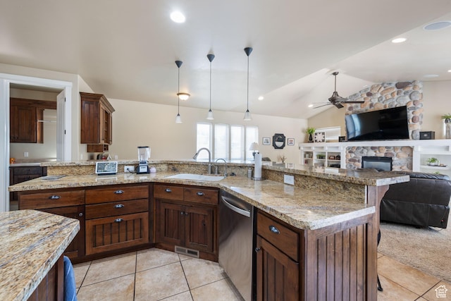 358 S 1040 W, Hurricane, UT 84737 - kitchen featuring dishwasher, light tile patterned floors, a kitchen breakfast bar, a ceiling fan, and vaulted ceiling