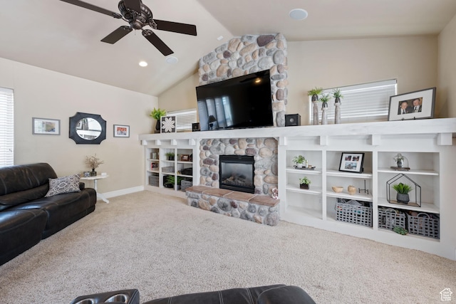 358 S 1040 W, Hurricane, UT 84737 - carpeted living area featuring a fireplace, ceiling fan, and vaulted ceiling