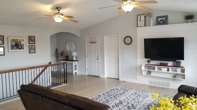 4636 E Ponderosa Way, Eagle Mountain, UT 84005 - living room with ceiling fan, wood finished floors, lofted ceiling, and arched walkways