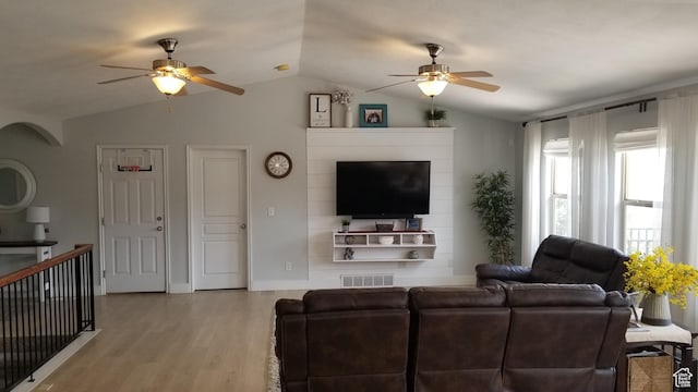 4636 E Ponderosa Way, Eagle Mountain, UT 84005 - living area with ceiling fan, vaulted ceiling, and wood finished floors