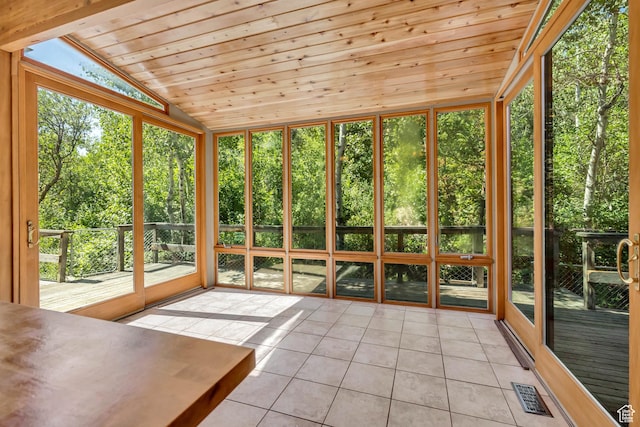 3697 Wagon Wheel Way, Park City, UT 84098 - unfurnished sunroom featuring tile patterned floors, lofted ceiling, a wooden deck, and wooden ceiling