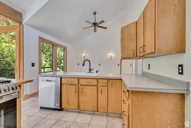 3697 Wagon Wheel Way, Park City, UT 84098 - kitchen with stainless steel appliances, a peninsula, lofted ceiling, light countertops, and ceiling fan