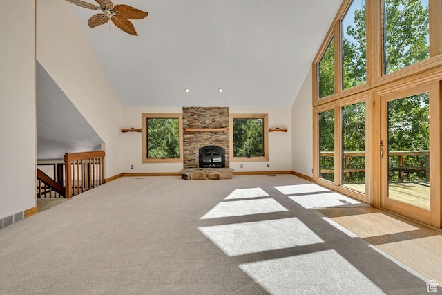 3697 Wagon Wheel Way, Park City, UT 84098 - unfurnished living room with high vaulted ceiling, carpet floors, and ceiling fan
