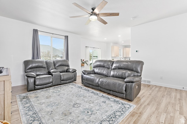 4857 N Goosefoot Dr, Eagle Mountain, UT 84005 - living room featuring ceiling fan, light wood-style floors, and recessed lighting