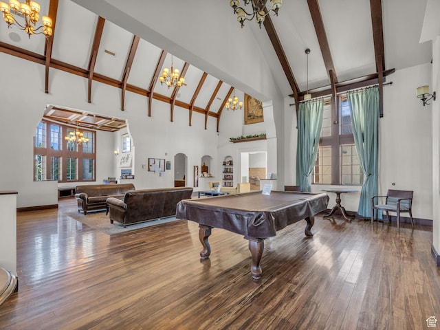 5103 W Black Twig Dr, South Jordan, UT 84009 - recreation room with a chandelier, high vaulted ceiling, beamed ceiling, billiards table, and wood finished floors