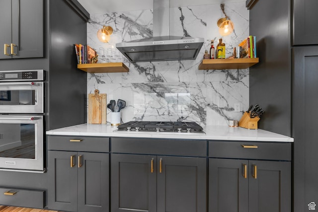 12403 Ross Creek Dr, Kamas, UT 84036 - kitchen with open shelves, range hood, stainless steel appliances, and tasteful backsplash