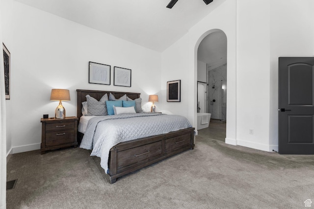 12403 Ross Creek Dr, Kamas, UT 84036 - bedroom with arched walkways, carpet floors, connected bathroom, and ceiling fan