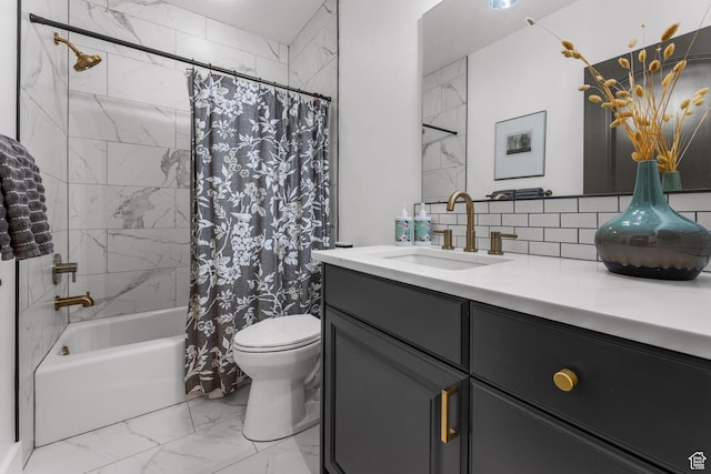 12403 Ross Creek Dr, Kamas, UT 84036 - bathroom with marble finish floors, vanity, shower / tub combo with curtain, and backsplash