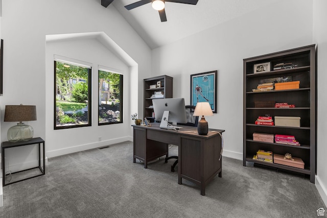 12403 Ross Creek Dr, Kamas, UT 84036 - office space with ceiling fan, carpet flooring, and vaulted ceiling