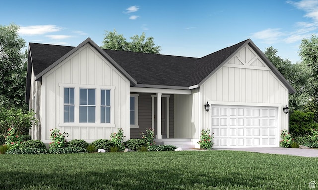 1857 E Moho Mtn, Eagle Mountain, UT 84005 - modern inspired farmhouse featuring board and batten siding, an attached garage, roof with shingles, and a front lawn