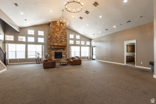 1012 N Cambria Dr, North Salt Lake, UT 84054 - unfurnished living room with high vaulted ceiling, a chandelier, a fireplace, carpet flooring, and recessed lighting