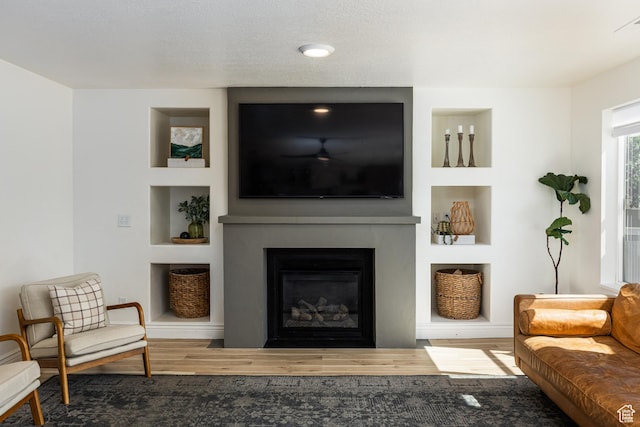 1012 N Cambria Dr, North Salt Lake, UT 84054 - living area with a glass covered fireplace, wood finished floors, and built in shelves