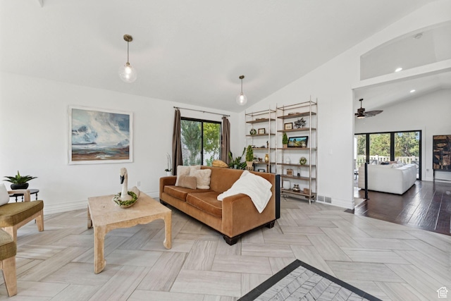 1044 S Terrace Dr E, Bountiful, UT 84010 - living room with lofted ceiling, plenty of natural light, a ceiling fan, and recessed lighting