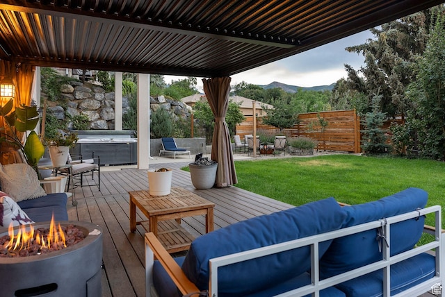 1044 S Terrace Dr E, Bountiful, UT 84010 - wooden deck with a hot tub, an outdoor fire pit, and a mountain view