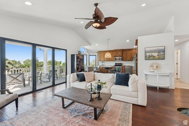 1044 S Terrace Dr E, Bountiful, UT 84010 - living room with recessed lighting, high vaulted ceiling, a ceiling fan, and hardwood / wood-style floors
