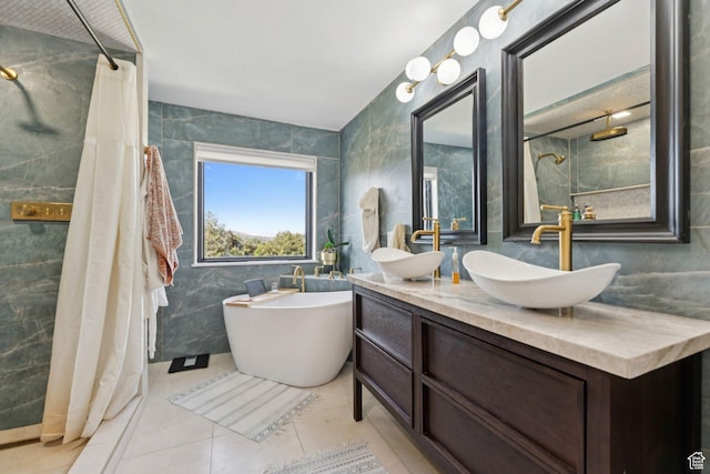 1044 S Terrace Dr E, Bountiful, UT 84010 - bathroom with tile walls, tiled shower, double vanity, a freestanding tub, and tile patterned floors