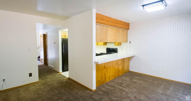 558 E 2025 N, North Ogden, UT 84414 - kitchen with electric range oven, carpet floors, freestanding refrigerator, a peninsula, and wallpapered walls
