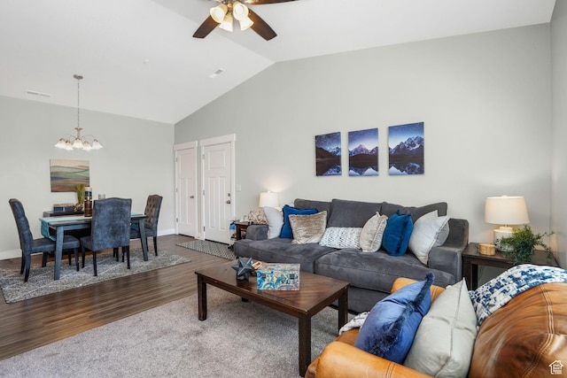 13054 S Tortola Dr W Unit 301, Herriman, UT 84096 - living room with a chandelier, dark wood-style flooring, vaulted ceiling, and ceiling fan