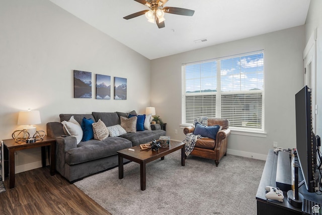 13054 S Tortola Dr W Unit 301, Herriman, UT 84096 - living area with lofted ceiling, a ceiling fan, and wood finished floors