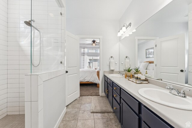 1076 S Meadow Walk Ln, Heber City, UT 84032 - ensuite bathroom with double vanity, walk in shower, ceiling fan, and tile patterned floors
