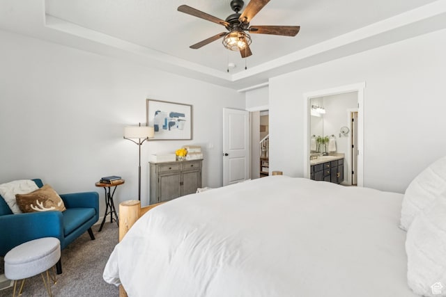 1076 S Meadow Walk Ln, Heber City, UT 84032 - carpeted bedroom with a tray ceiling, ensuite bathroom, and a ceiling fan