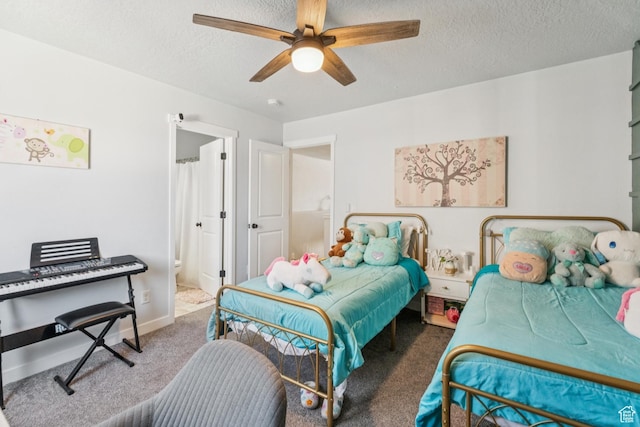 1076 S Meadow Walk Ln, Heber City, UT 84032 - bedroom featuring carpet, a textured ceiling, connected bathroom, and ceiling fan