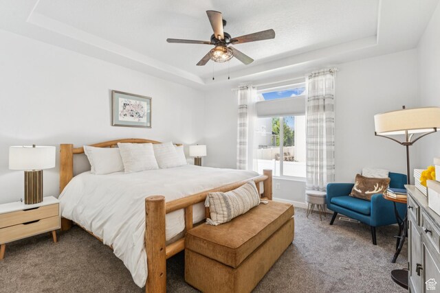 1076 S Meadow Walk Ln, Heber City, UT 84032 - bedroom featuring a raised ceiling, carpet floors, and a ceiling fan