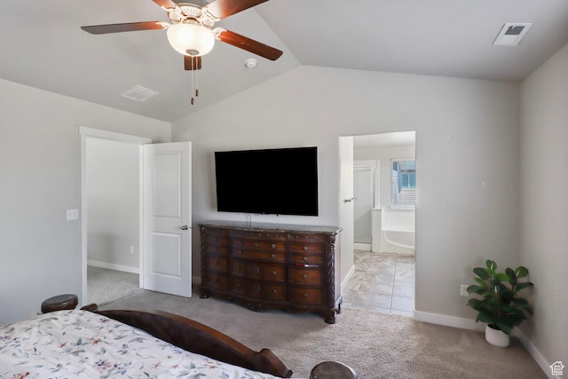 1017 W Coyote Gulch Way S Unit 117, Bluffdale, UT 84065 - carpeted bedroom featuring lofted ceiling, connected bathroom, and a ceiling fan