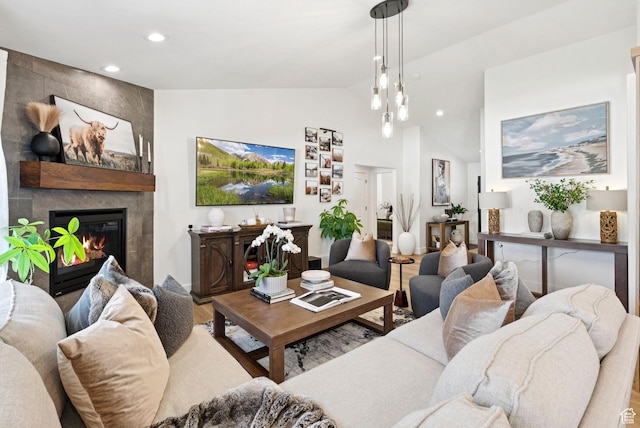 273 N 200 W Unit 1, Kamas, UT 84036 - living area with lofted ceiling, a fireplace, and recessed lighting