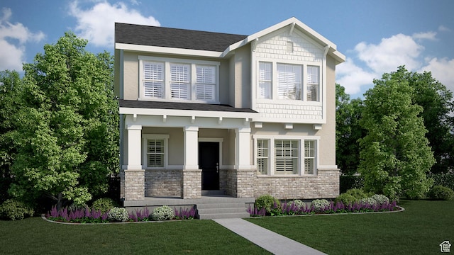 6767 N Star Dr, Eagle Mountain, UT 84005 - craftsman house featuring stone siding, a front yard, and stucco siding