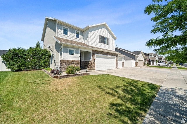 3634 S Creek Side Ln, Syracuse, UT 84075 - view of front of home with driveway, a garage, a front yard, and stone siding