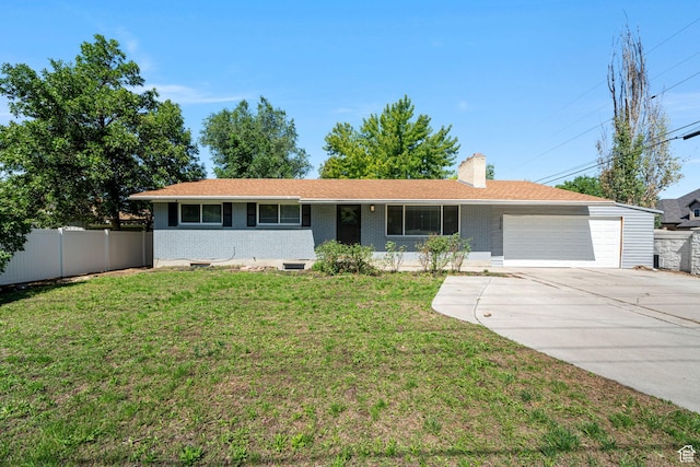 5726 S Highland Dr E, Holladay, UT 84121 - ranch-style house featuring an attached garage, brick siding, driveway, and a chimney