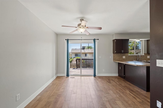 224 E 1950 S, Clearfield, UT 84015 - kitchen with dark brown cabinetry, ceiling fan, light wood-style flooring, decorative backsplash, and light countertops