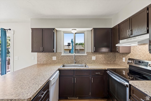 224 E 1950 S, Clearfield, UT 84015 - kitchen with electric range, under cabinet range hood, dishwasher, a peninsula, and dark brown cabinets