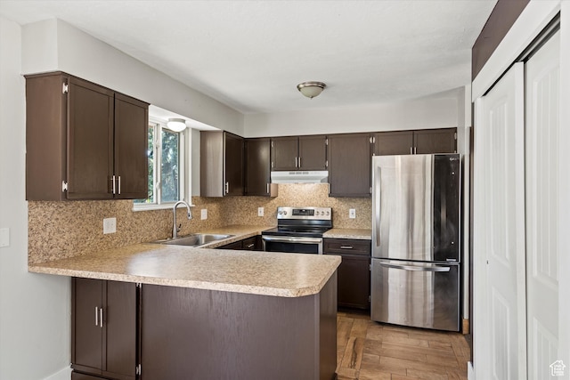 224 E 1950 S, Clearfield, UT 84015 - kitchen with stainless steel appliances, under cabinet range hood, dark brown cabinets, light countertops, and a peninsula