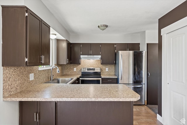 224 E 1950 S, Clearfield, UT 84015 - kitchen with stainless steel appliances, under cabinet range hood, light countertops, dark brown cabinetry, and a peninsula